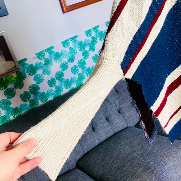 Hyfve Turtleneck Poncho Sweater in Tan, Navy Blue & Burgundy Red, Size S - Picture 4 of 5